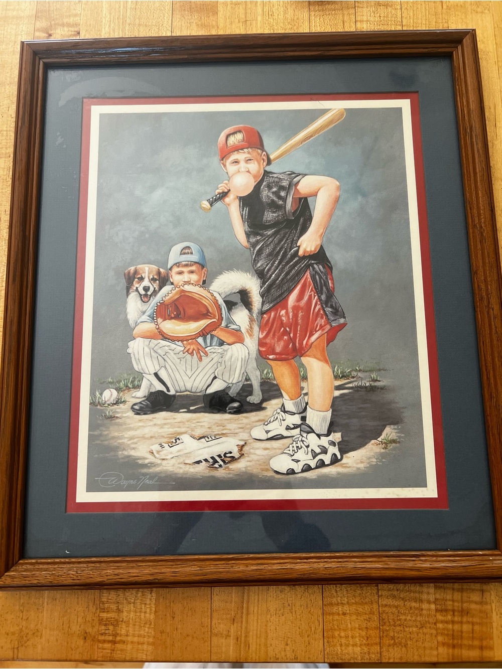Home Interiors Framed Baseball Kids Print with Dog - and sports plaque